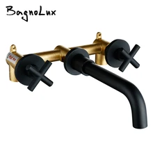2017 Top Fashion New Arrival Wall Sink Basin Mixer Tap Set Bathroom Spout Faucet With Double Lever In Matt Black/Polished Gold high quality round 3 hole wall sink basin mixer tap wels bathroom spout faucet with double lever