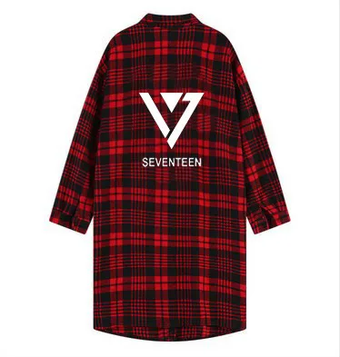 

kpop SEVENTEEN17 long section of the Spring Autumn plaid shirt jacket k-pop SEVENTEEN 17 red plaid long sleeved woman hoodies