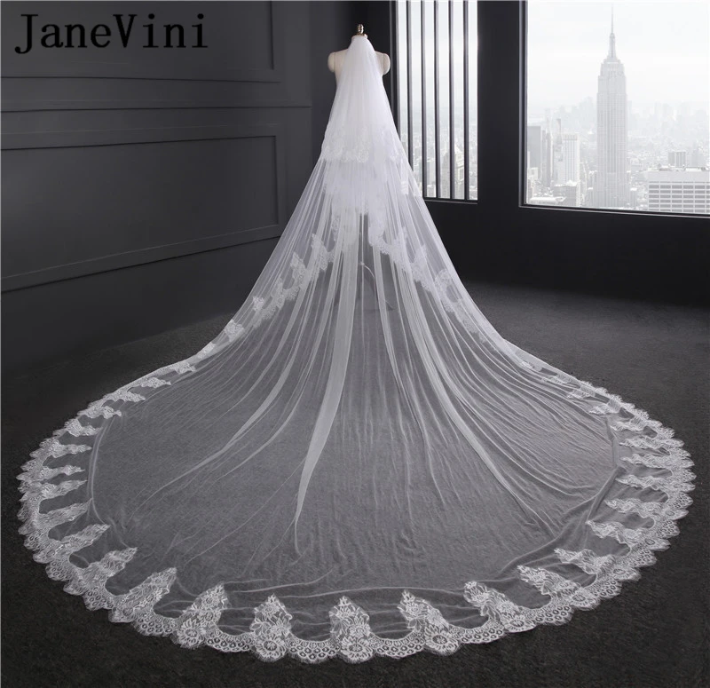 JaneVini Long Wedding Veils Two Layers Lace Appliques Edge Cathedral Veil Soft Tulle Bridal with Comb Velo Novia 3metros | Свадьбы и