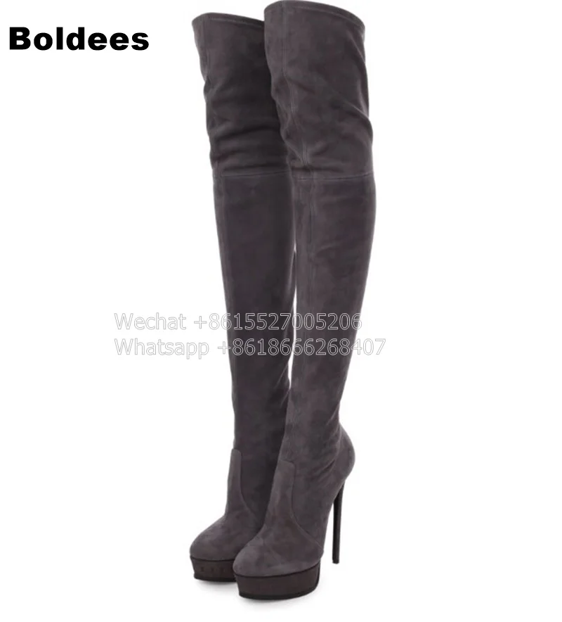 Fashion Grey Black Stretch Fabric Suede Leather Thin High Heel Boots