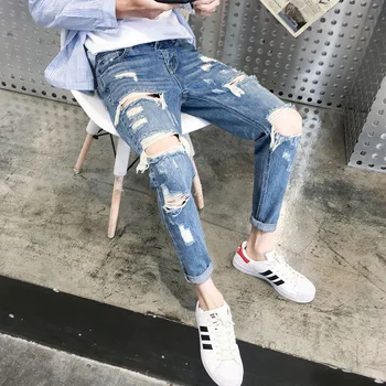 

Top quality 2019 Distressed beggar jeans male giant ripped hole handsome male feet hip hop streetweat cowboy harem pants men