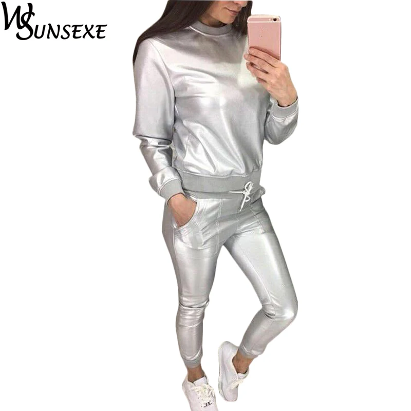 

Metal Silver 2 Piece Sets Women Spring O-neck Pullover and Elastic Waist Long Pants Fashion Streetwear Female Casual Tracksuits