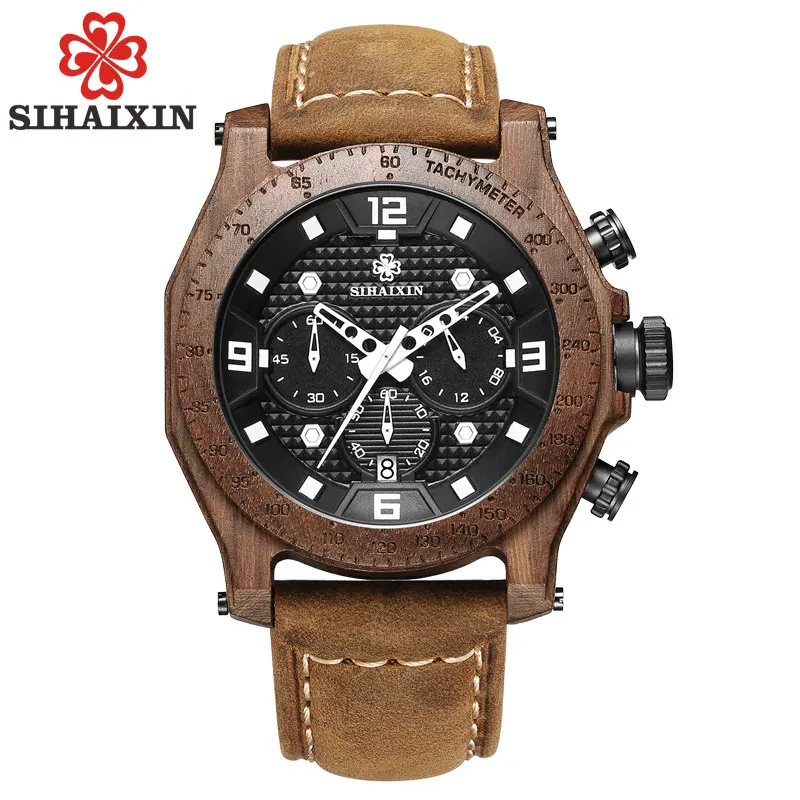

SIHAIXIN Wood Watch Men Waterproof Leather New Date Quartz Watches erkek kol saati Chronograph Military Clock Man Drop Shipping