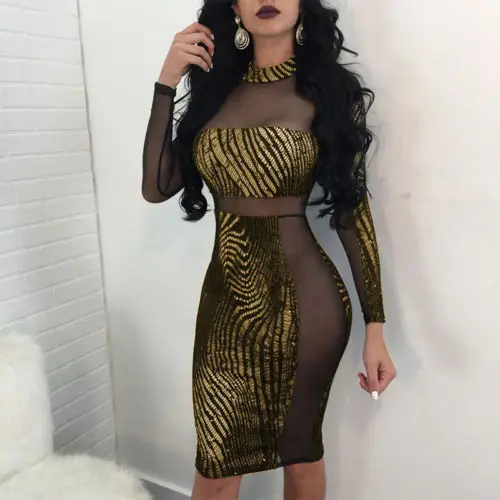 2018 New Womens Bandage Bodycon Sheer Sequins Lace Long Sleeve High Waist Gold Print Evening Party Sexy Club Short Mini Dress Dresses