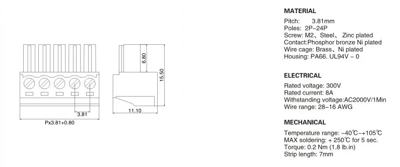 KF2EDGK-3.81 2/3/4/5/6/7/8/9/10/11/12Pin под прямым углом терминал Тип штекера 300V 8A 3,81 мм Pitch Разъем печатной платы Клеммная колодка