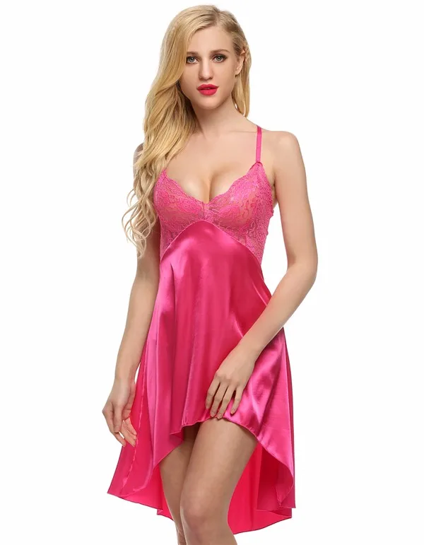 Ekouaer женское сексуальное атласное Ночное платье кружевное Женское ночное белье без рукавов Ночная рубашка с v-образным вырезом сексуальная ночная рубашка Горячая 6 цветов