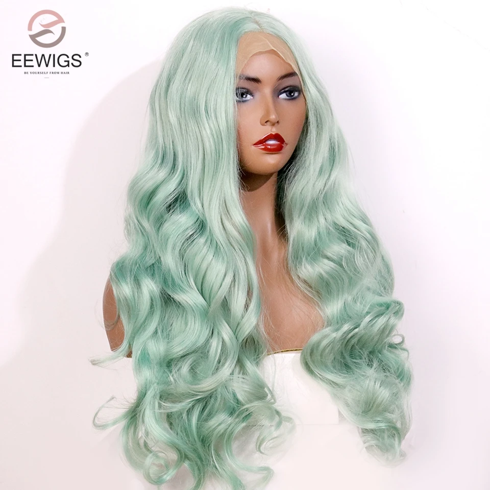 EEWIGS мятно-зеленый цвет термостойкие волосы без клея синтетические парики на кружеве натуральные волнистые Косплей парики для черных женщин