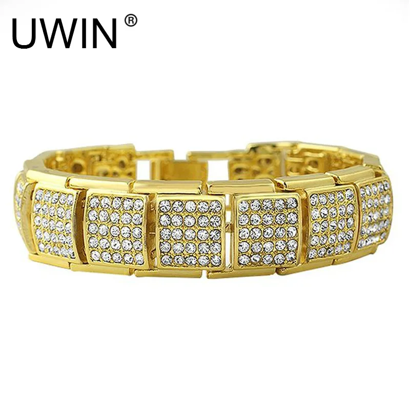 

UWIN Hip Hop Men Bracelet Fashion Punk Jewelry Iced Out Full Rhinestone Crystal Silver Gold Color Bangle Bracelets 20cm