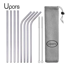 UPORS-paille réutilisable en acier inoxydable 304, paille métallique pliée, avec pochette, nettoyante, vente en gros