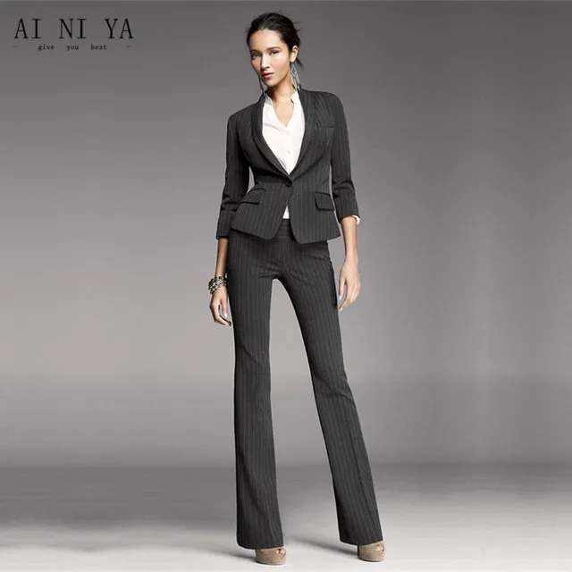 Women Pant Suits Black White Stripes Office Uniform Two Piece Las Women Pant Suits Black White Stripes Office Uniform Two Piece Las Business Female Formal Work