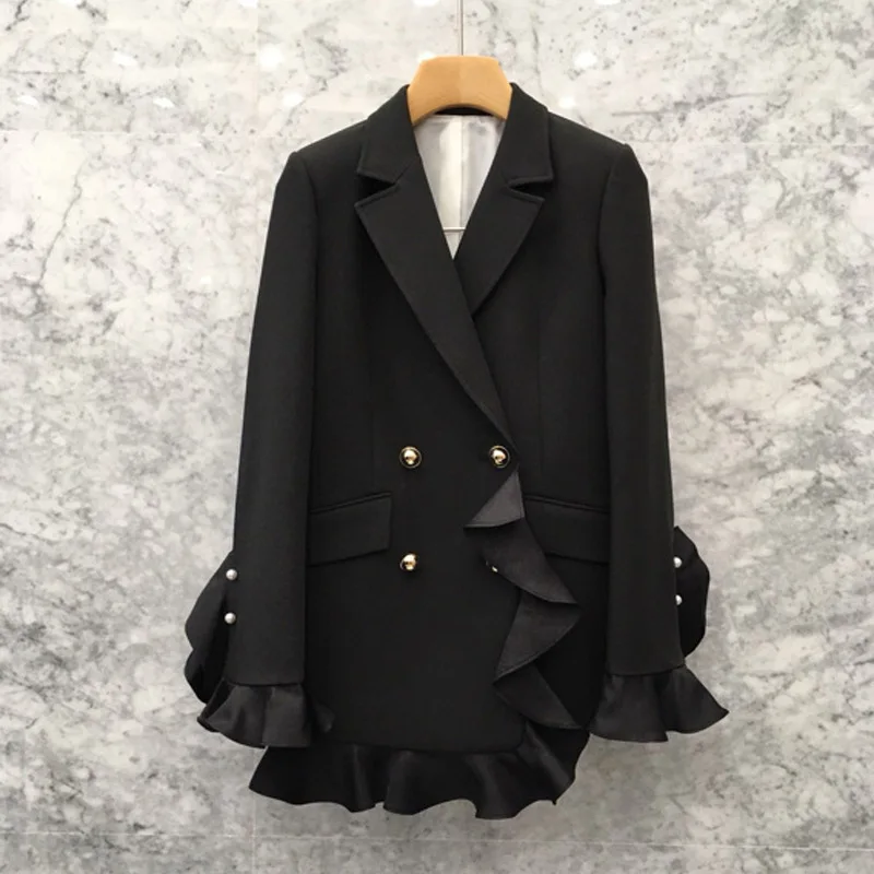 2019 Spring Dress New Korean Version Fashion Lotus Leaf Side Bundle Waist Suit Double Row Buckle High-grade Suit Overcoat Woman