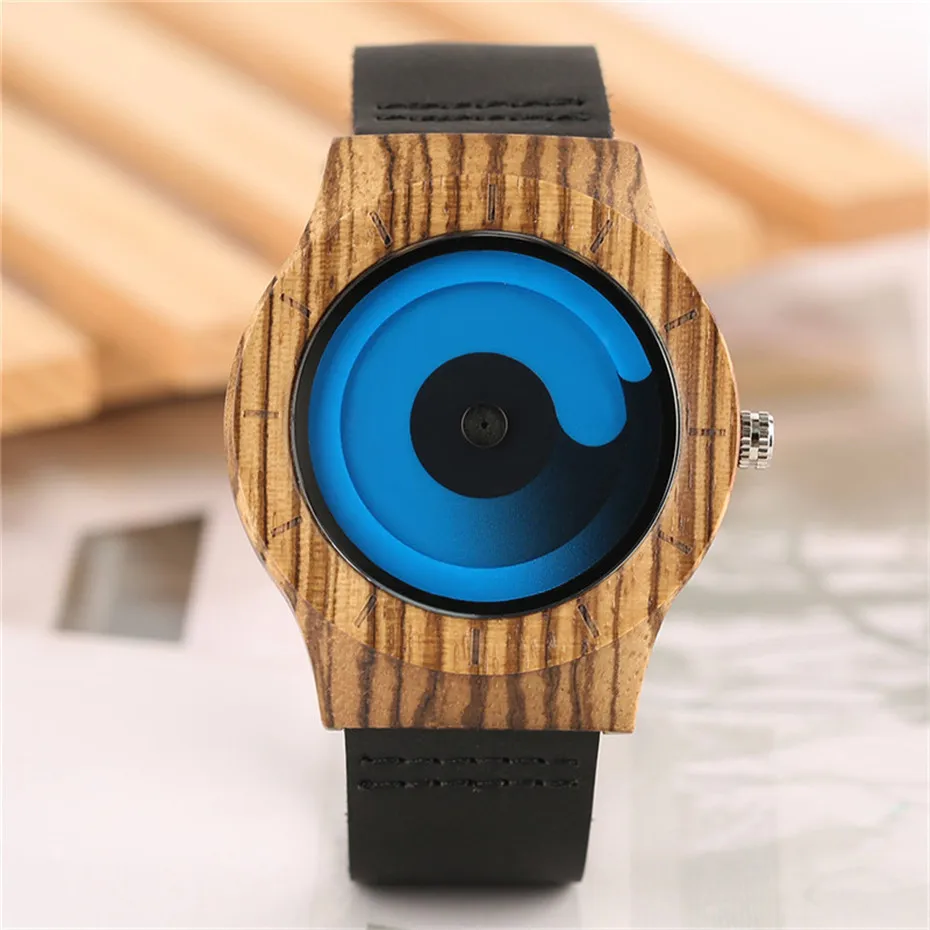 Creative Gradual Color Turntable Handmade Genuine Leather Band Strap Nature Wood Swirl Dial Quartz Wrist Watch Male Sports Clock (8)