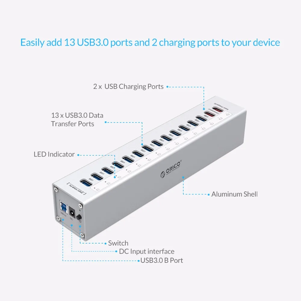 ORICO A3H13P2 Алюминий 13 Порты USB3.0 концентратор с 2 зарядки Порты 5V2. 4A супер Зарядное устройство/5V1A Универсальный-серебро