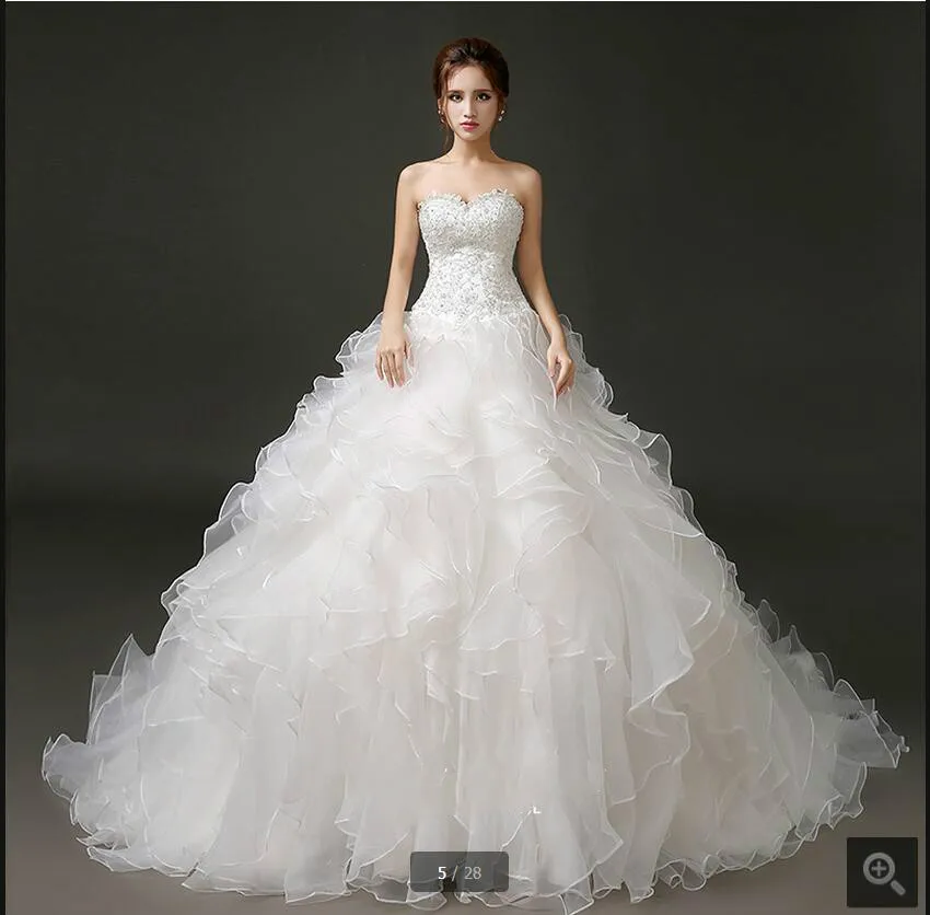2017 stylish ball gown lace appliques ruffled wedding dress cheap