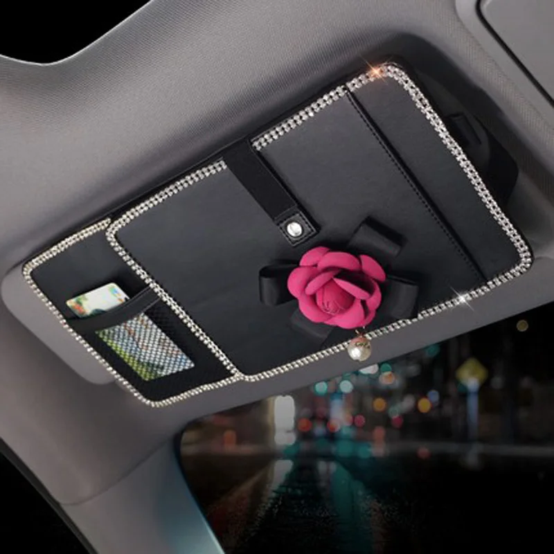 

Camellia Car Sun Visor Storage Bag CD Cards Organiser Crystal Leather Multi-Use Organizer For Mobile Phone Sunshade Storage Bags