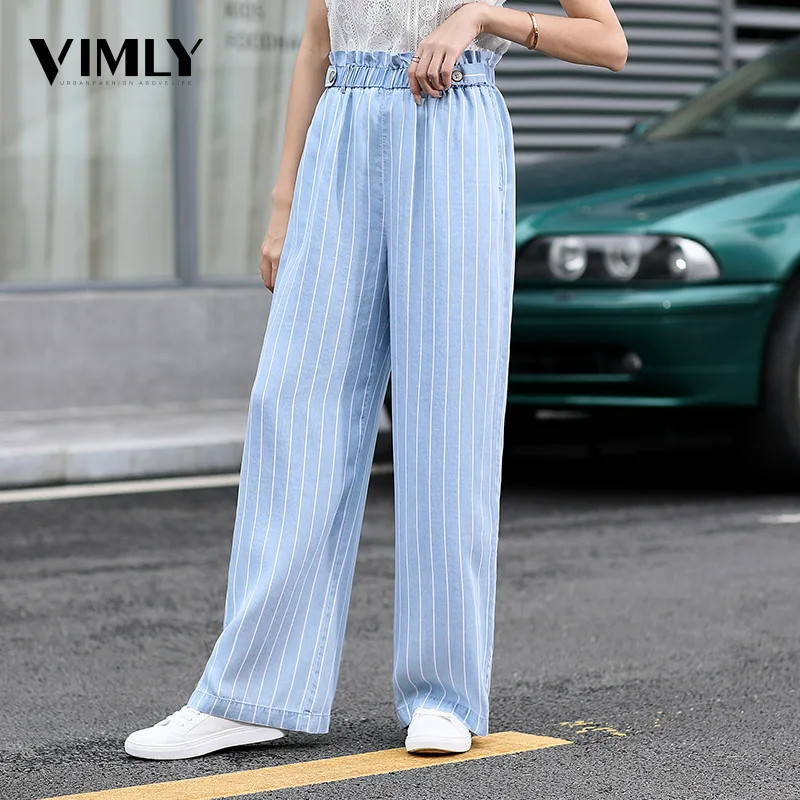 

Vimly Casual Striped Wide Leg Pants Women Clothes Elastic Waist High Street Long Trouser Spring Summer Autumn Loose Female Pants