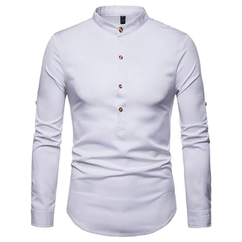 

Rolled Up Sleeve Shirt Men 2018 Autumn Stand Collar Mens Dress Shirts Luxury Brand Chemise Homme Henry Shirt Tops Men Camiseta