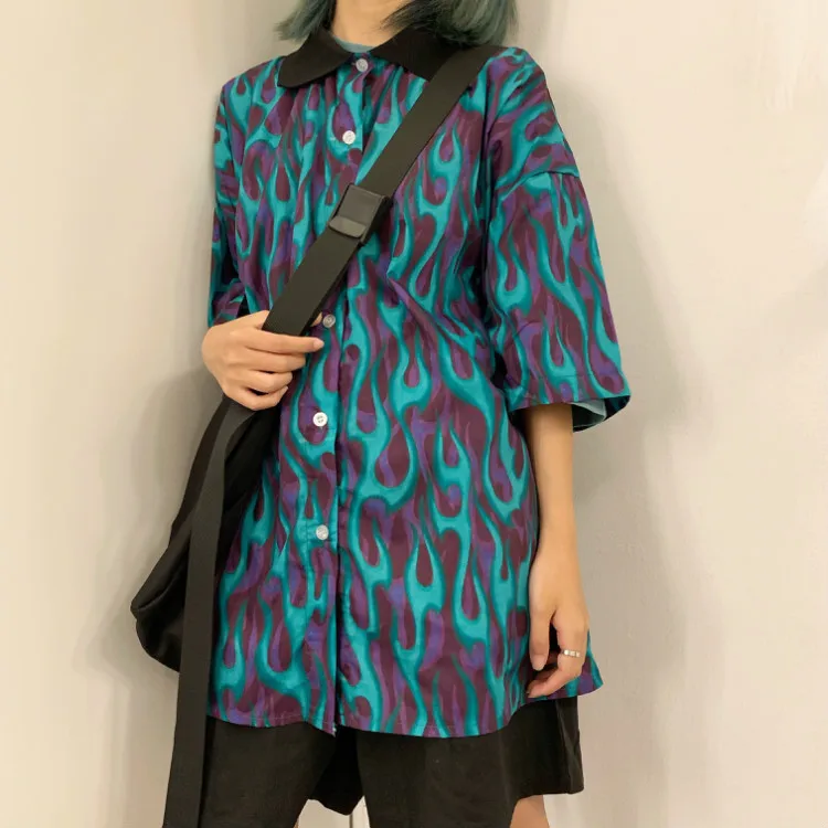 Свободная блузка большого размера с коротким рукавом и огненным графическим принтом, Корейская уличная одежда, Harajuku, женская и мужская рубашка в стиле хип-хоп, панк, топ, футболка, блузы - Цвет: blue fire print
