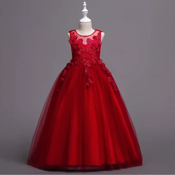 

Fashion Long Puffy Lace Applique Children Elegante Evening Wedding Girl Flower Girl Dress Gown White Red Dress for Girls