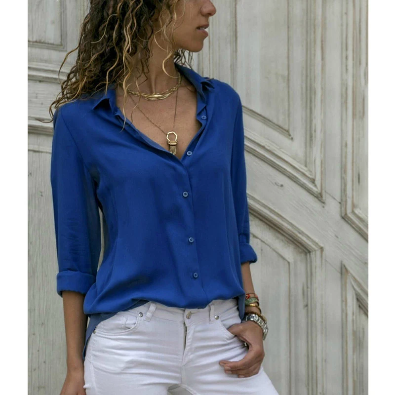 Gentillove элегантная шифоновая блуза с длинным рукавом и v-образным вырезом летние женские Топы женские офисные рубашки размера плюс 3XL - Цвет: Dark Blue