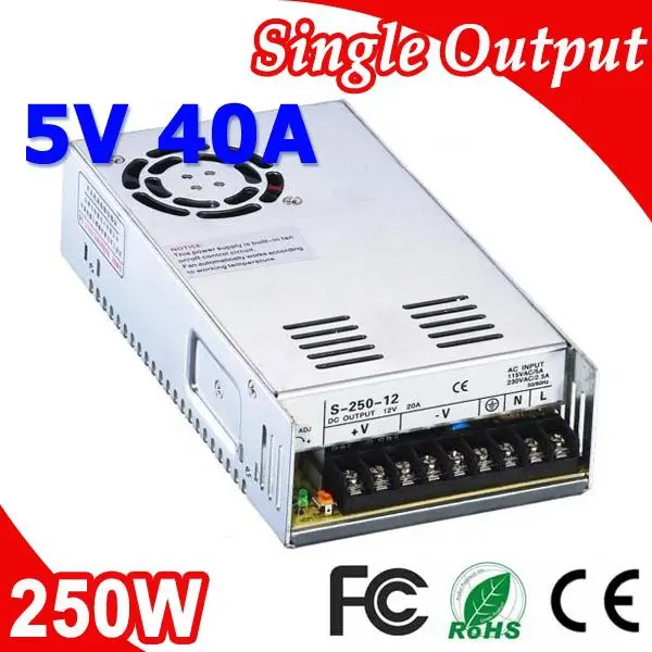 S-250-5 250W 5V 40A Transformer LED Switching Power Supply 110V 220V AC to DC 5V output S-250-5 250W 5V 40A Transformer LED Switching Power Supply 110V 220V AC to DC 5V output