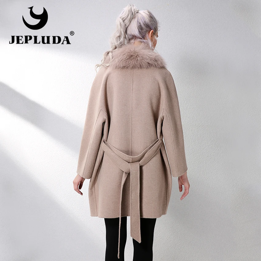 JELUDA Hot Sale Cashmere Coat Women Scarf Collar With Natural Real Fox Fur Real Fur Coat Genuine Leather Jacket Women Overcoat