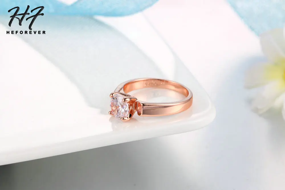 Обручальные кольца с круглой огранкой из кубического циркония, 4 зубца, розовое золото, модные свадебные украшения для мужчин и женщин, Anel R054
