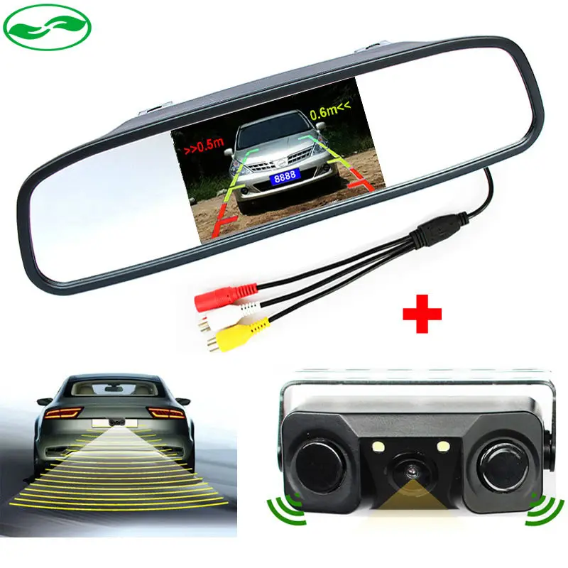  3in1 Video Parking Assistance Sensor Backup Radar With Rear View Camera + 4.3 inch LCD Car Rearview Mirror Monitor Video Parking 