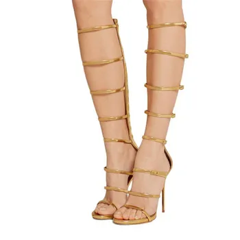 

Fashion Female Gold Buckle Strap Gladiator Sandals Women's Peep Toe Knee High Heeled Boots High Heels Stiletto Shoes Woman Party