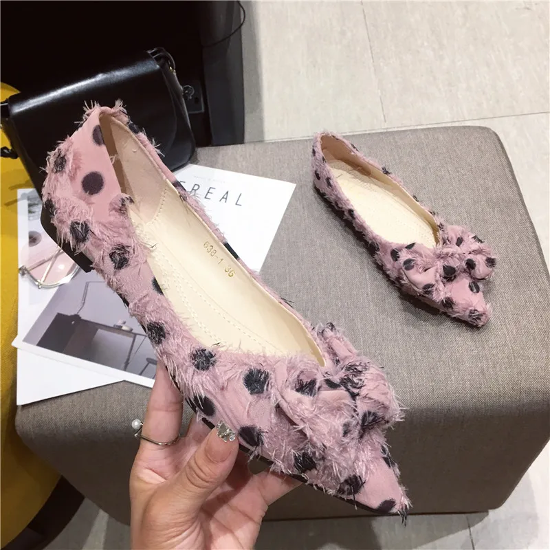 

2019 Autumn Spring Sweet Women Polka Dot Pink Ballerina Flats Comfortable Lady Pointed Toe Black White Bow Ballet Flats Shoes
