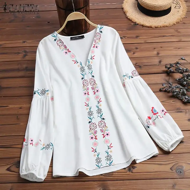 ZANZEA Autumn Women's Blouse Ladies Chic Work Shirts Casual V Neck Floral Print Blusas Elegant Female Tunic Tops Plus Size