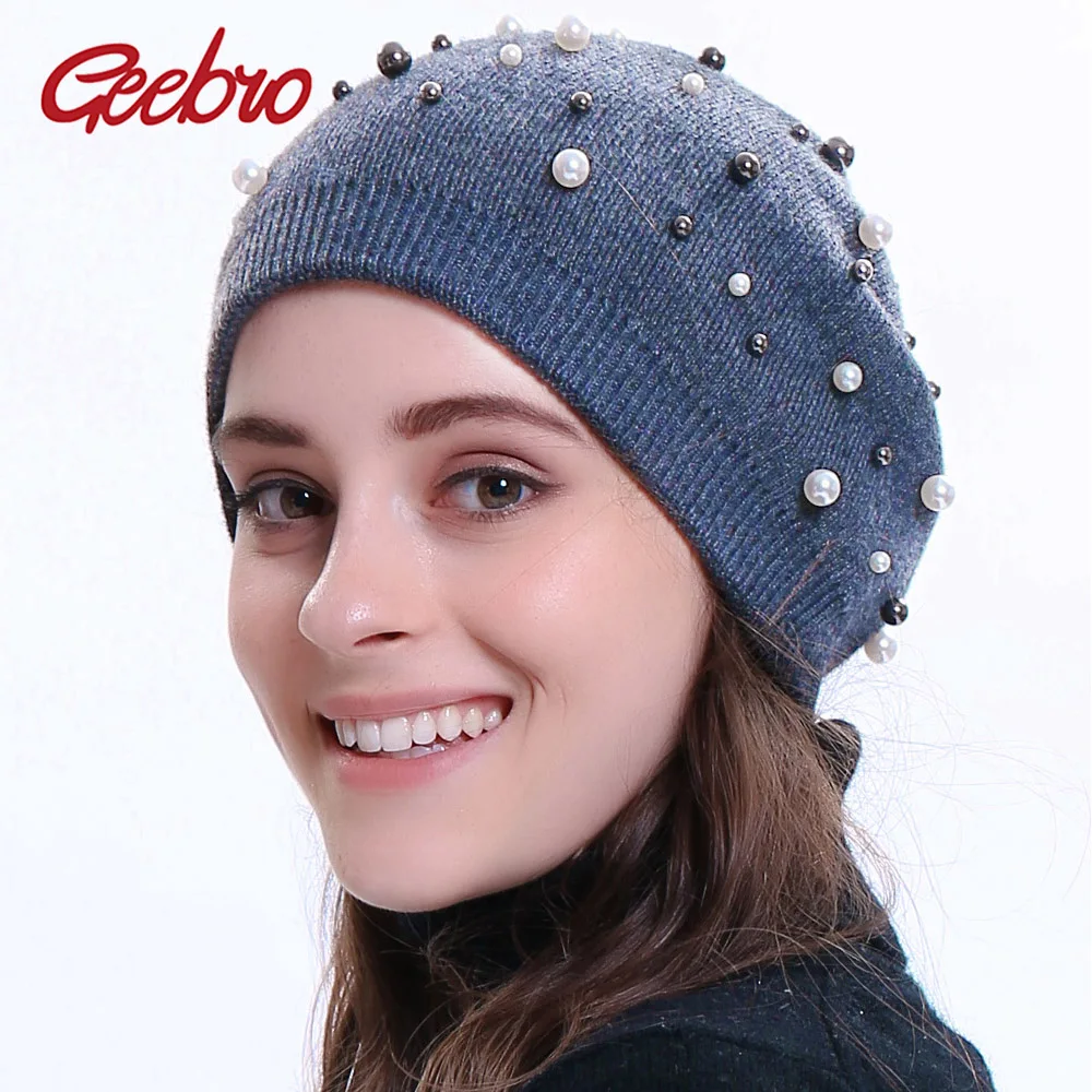 Geebro/Женская Шапка-бини, зимний двухслойный кашемировый трикотажный свитер с жемчужинами для женщин, шерстяная шапка Balavaca Skullies