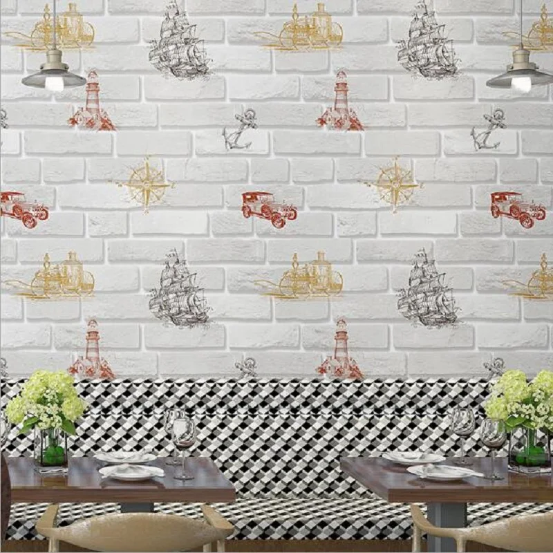

Kids Brick Wallpaper Sail Boat Lighthouse Wallpaper Wheel anchor Wall Paper papel de parede tapete home decoration 53x1000cm