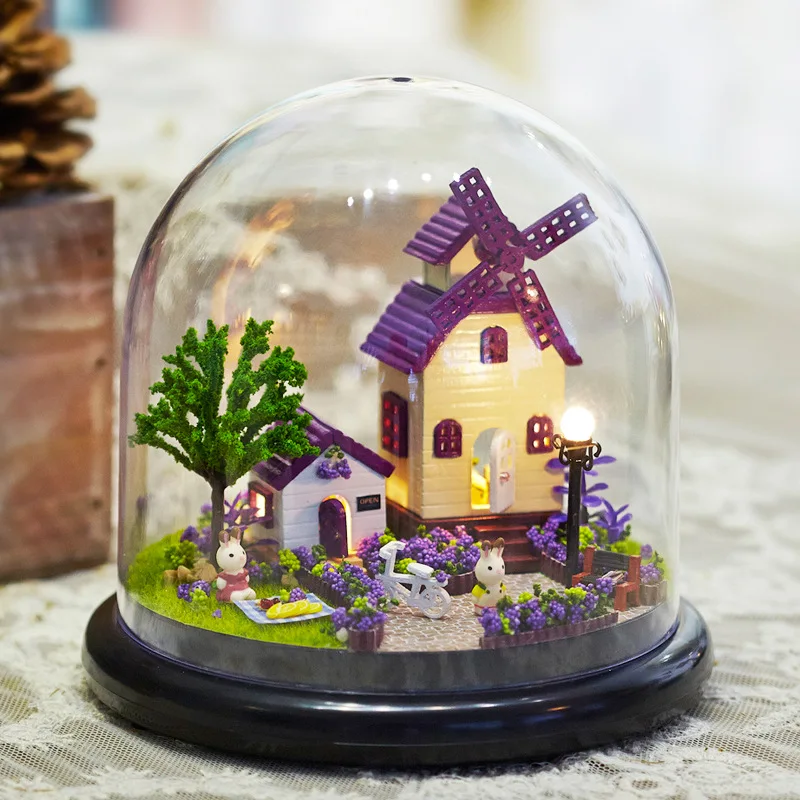 DIY cabañas caja de música regalo del Día de San Valentín a la novia de la historieta hecha a mano casa LED con la cubierta del polvo figurillas regalo de cumpleaños