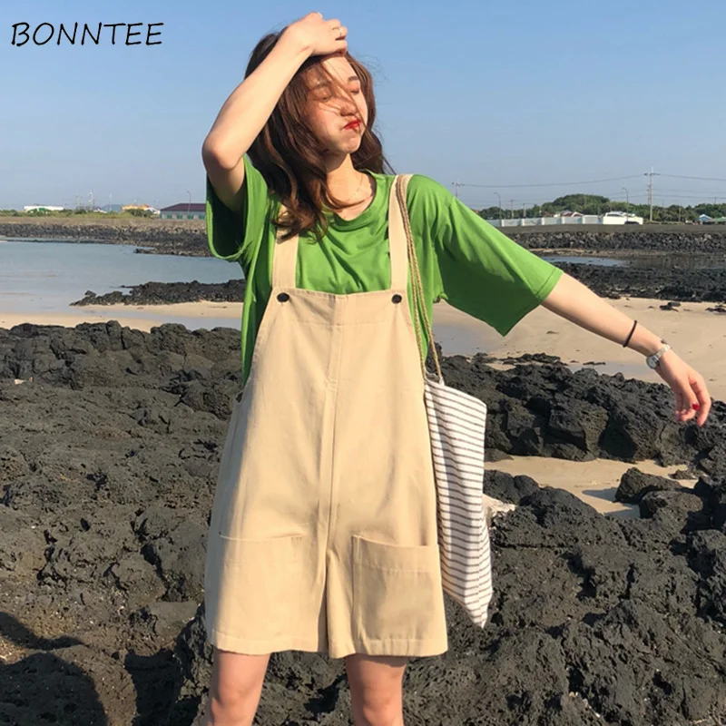

Rompers Women Trendy Summer Students Loose All-match Solid Womens Pockets Leisure Female Chic Short Romper Graceful High Quality