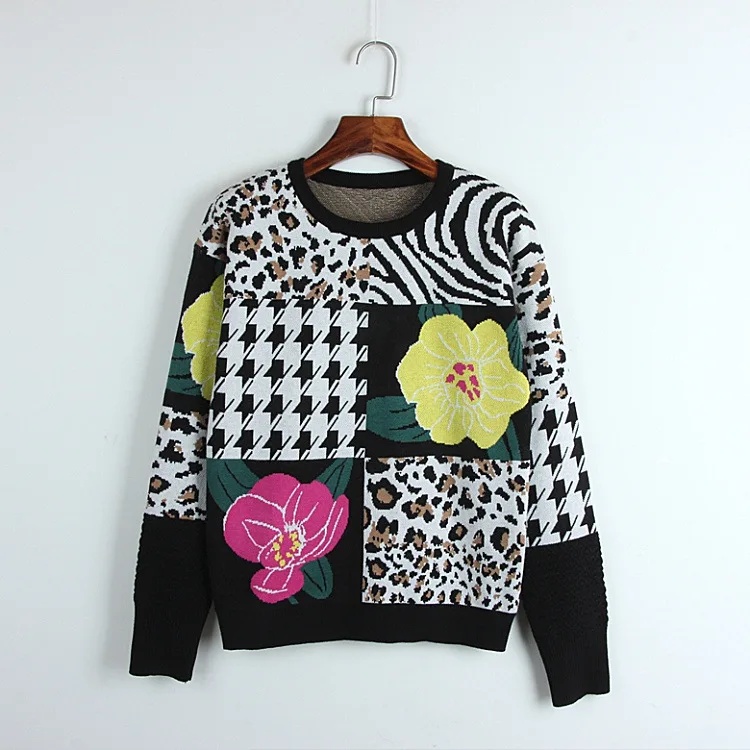 

Fashion Women's Sweaters Patchwork Leopard Jacquard Striped High Quality 2018 Autumn Female Pullover High Street jersey mujer