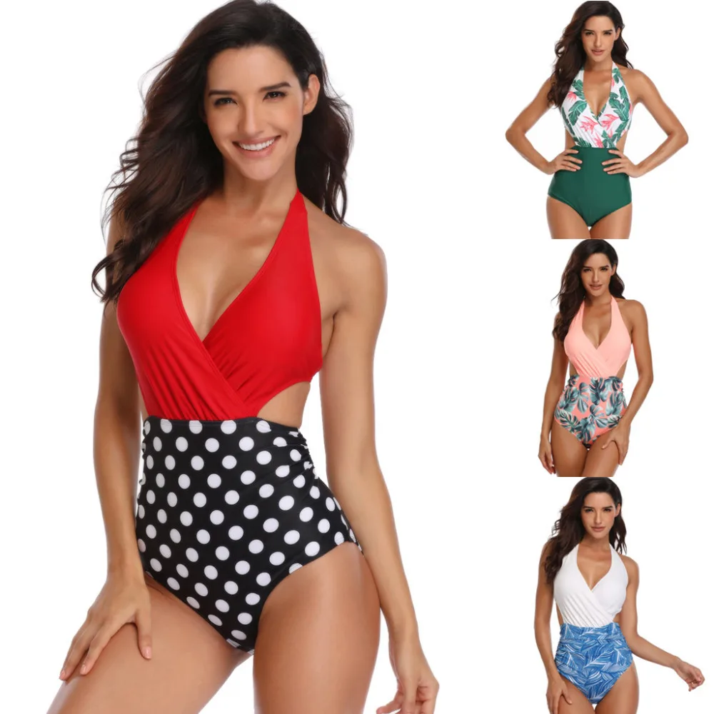 

Swimsuit Large Size Bikinis 2019 Fashion Women Padded Sexy Floral Lace-up Print Backless Bikini Halter One Piece Swimwear
