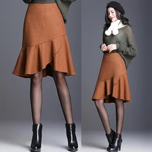 Сезон осень-зима; женские Модные черного цвета с высокой талией и оборками шерстяная юбка фасона "Русалка", осень 4xl Нерегулярные шерстяные юбки для женщин