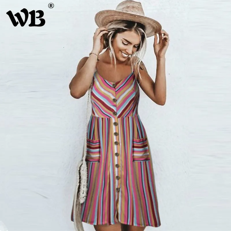 

Elegant Vintage Red Striped Sexy V Neck Backless Summer Beach Button Dress Women 2018 Casual Loose Party A-Line Dress Vestidos