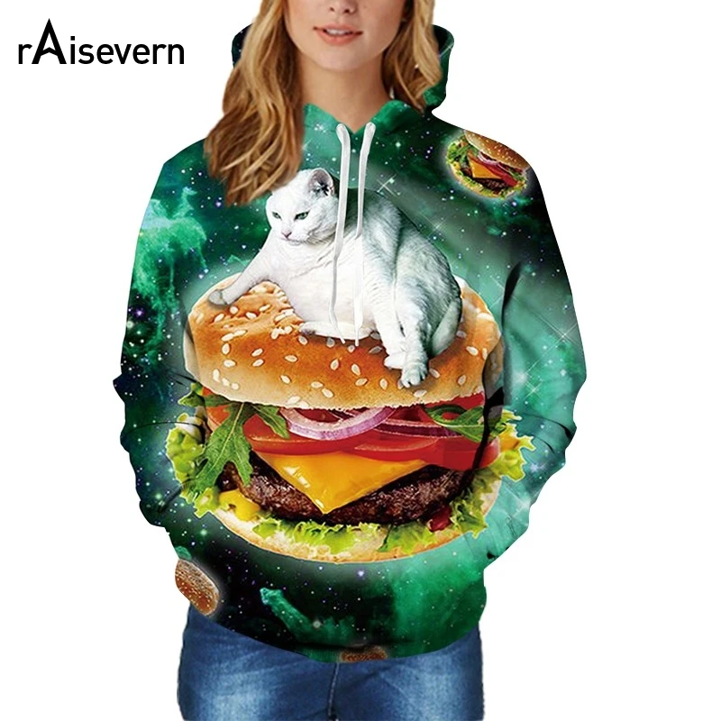 

Raisevern New Funny Hamburger Cat Hoodie Women/men Unisex 3D Sweatshirt Harajuku Unisex Hooded Clothing Tops Dropship