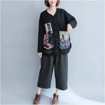 

Large Size Women Cotton Loose Long Sleeve V Neck Button Cardigan Jacket Spring Autumn Lady Casual Printing Black Thin Coat Tops