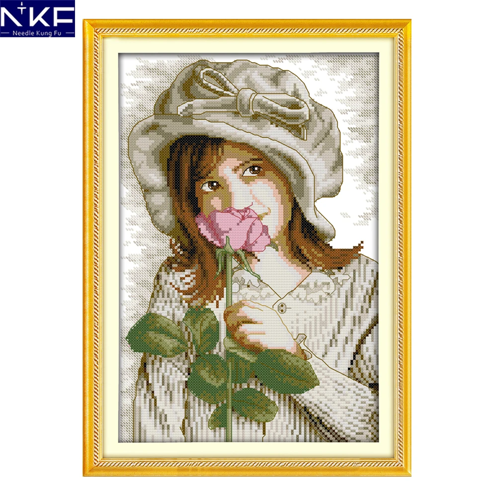NKF A Girl Who Smells Flowers Stamped Cross Stitch 11CT 14CT DIY Needlework Embroidery Chinese Set for Home Decor | Дом и сад