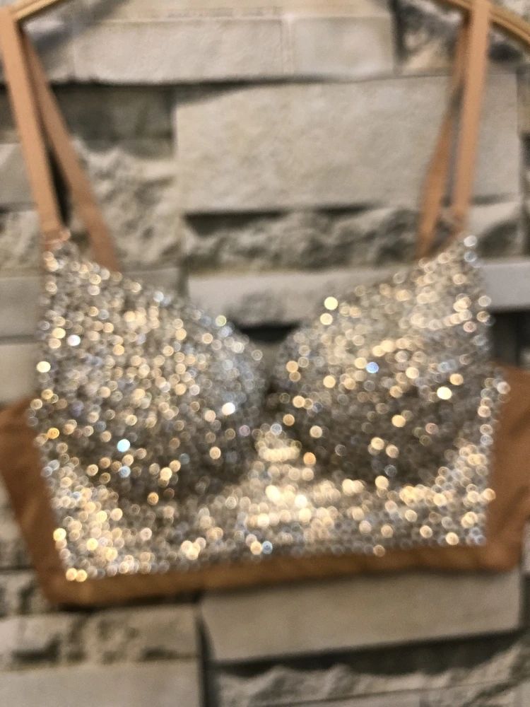 Women New Bright Night Sexy Rhinestone Gaga Bustier Pearls Push Up Night Club Bralette Bra Cropped Top Corset Plus Size C661