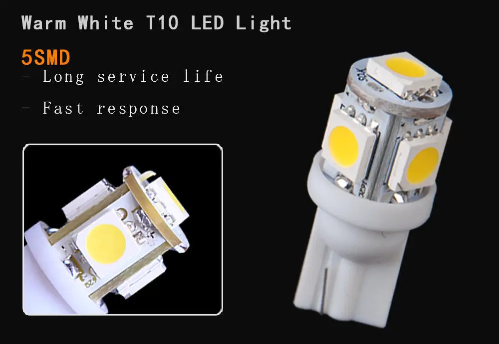 Голубой почвенный отсек 10 шт. T10 5050 5SMD 5 SMD теплый белый светодиодный автомобильный Грузовик клиновая лампа света индикаторные лампы Супер яркий DC 12V 24V