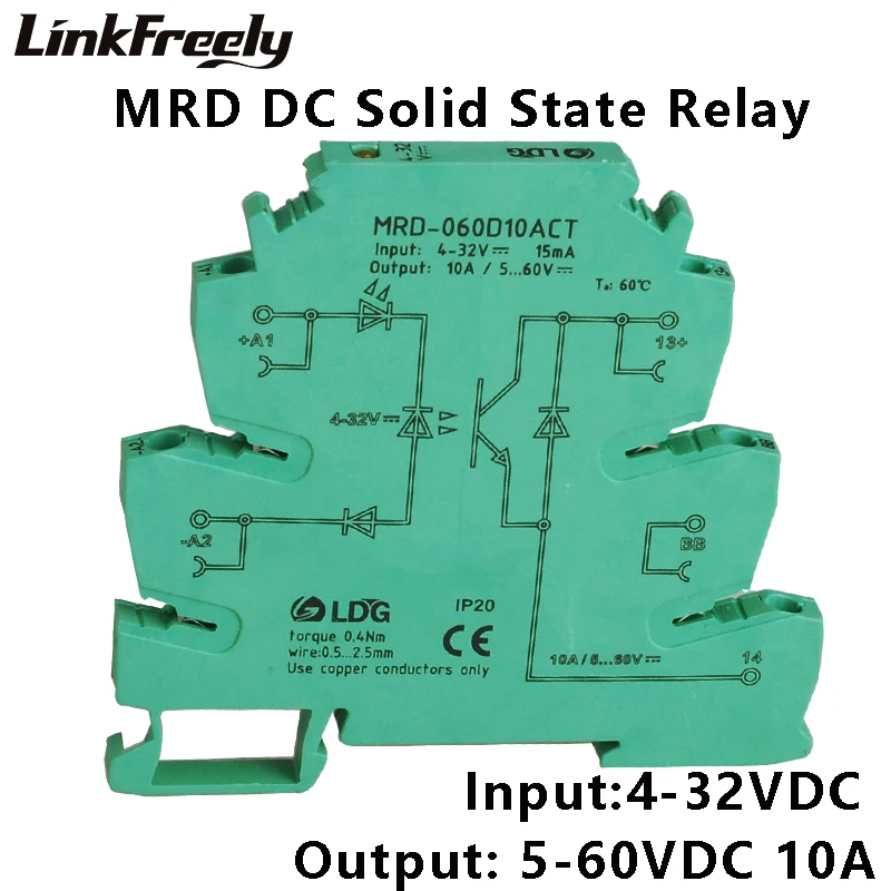 

MRD-060D10ACT 10pcs PLC Interface Solid State Relay Module 10A 24-280VAC Ouput Input: 5V 12V 24V DC SSR Voltage Relay DIN Rail