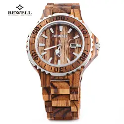 Новый Bewell роскошные деревянные Для мужчин кварцевые часы Водонепроницаемый светящиеся стрелки Календари сандалового дерева Relogio masculino