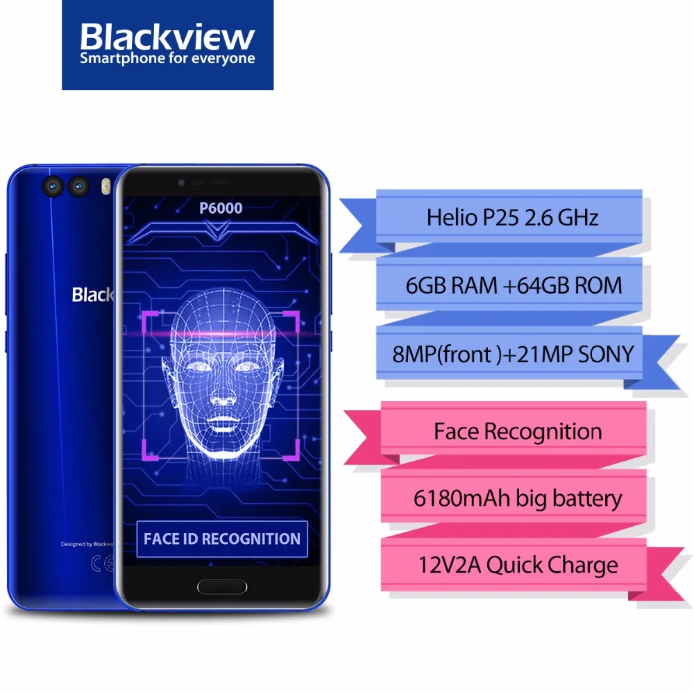 Blackview P6000 смартфон 5 &quot16:9 FHD Face ID Helio P25 octe core 6180 мАч 6 ГБ 4G B 21MP двойной камеры Android 7 1