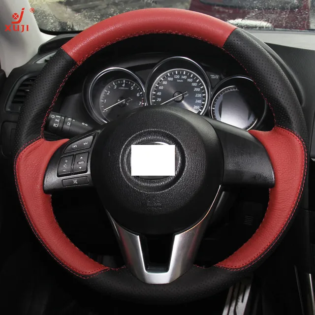 XuJi Black Red Genuine Leather Suede Steering Wheel Cover for Mazda CX