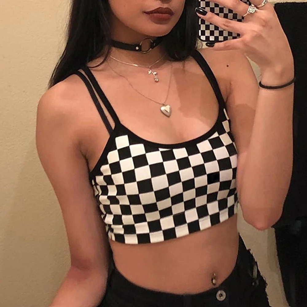 

2019 Women Sexy Checkerboard Plaid Camis Backless Tanks Navel Bare Crop Tops Slim Fit Contrast Color Tank Top Tube WDC2984