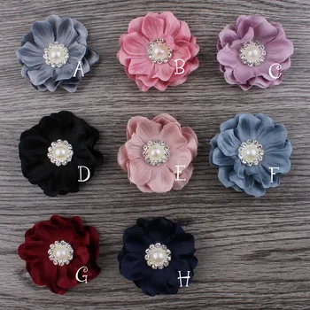 

30pcs/lot 4.6cm 8colors Mini Felt Flower+Rhinestone Pearl Bead For Girls Hair Accessories DIY Fabric Flowers For Headbands